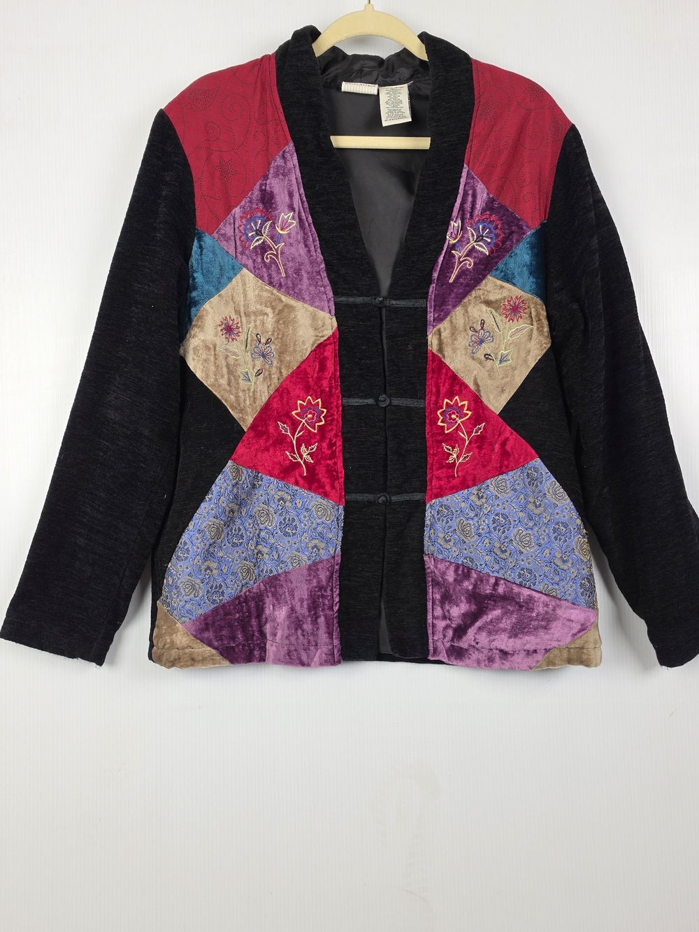 White Stag Black Velvet Patchwork Blazer with Red & Purple Panels